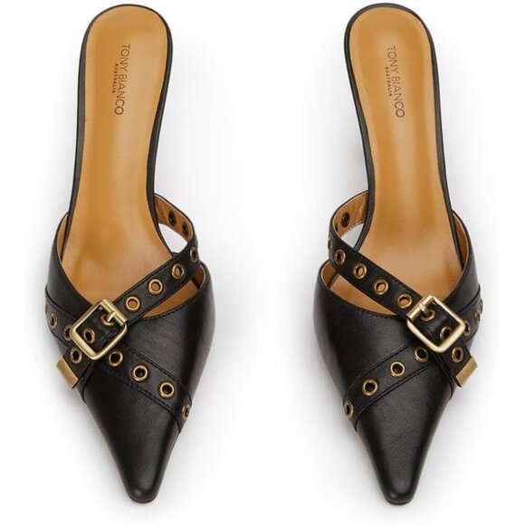 🆕 Black Faux Leather Kitten Heel Mules for Women Pointed Toe Studded Slip- - Picture 3 of 5